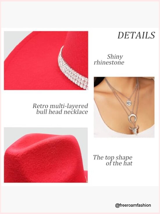 Wide Brim Felt Cowboy Hat with Rhinestones, Bandana & Necklace Set